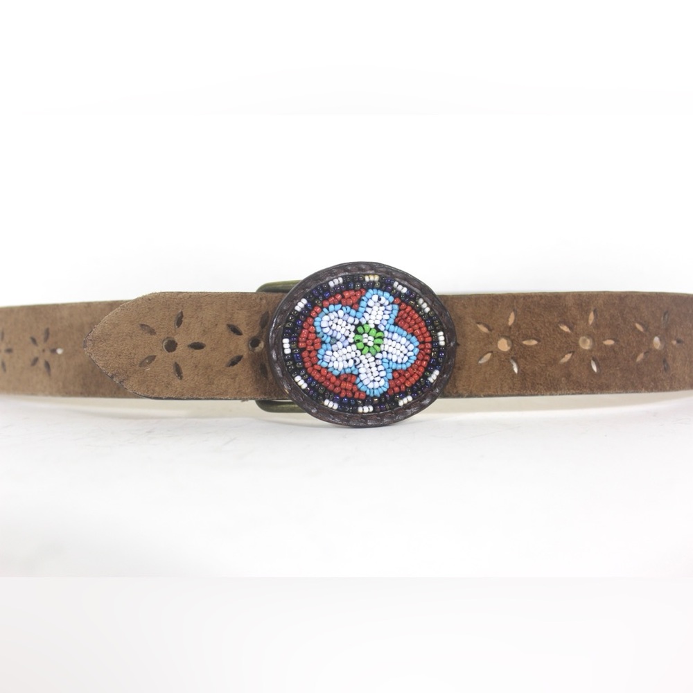 Pig Skin Suede Leather Belt with Floral Cutouts and Beaded Buckle